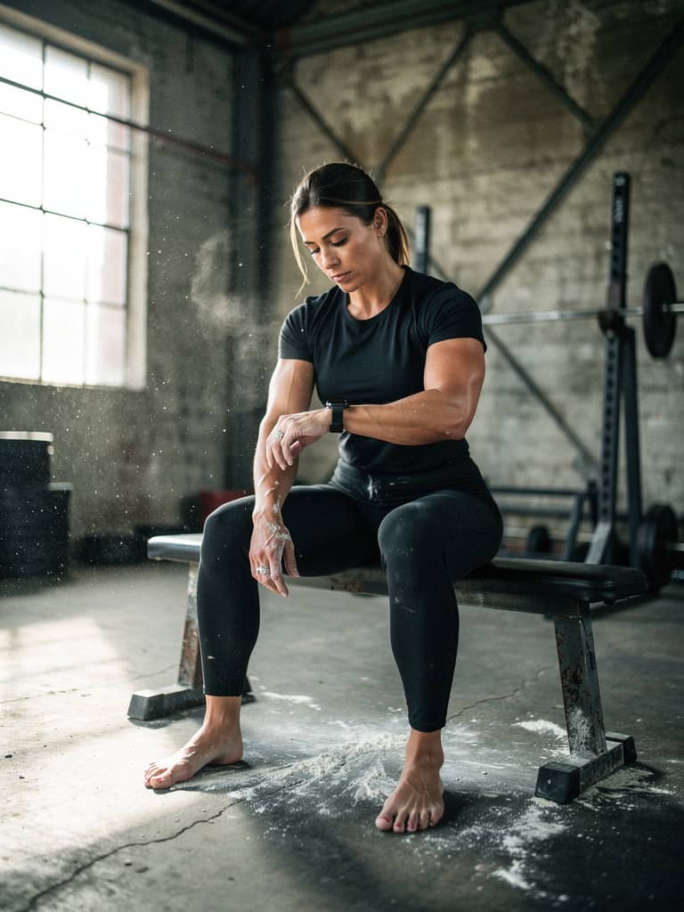 A woman resting between sets in a gym, glancing at her watch