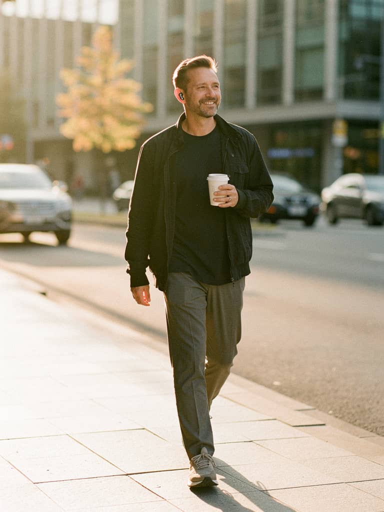 A man walking in the city at sunrise, listening through earbuds